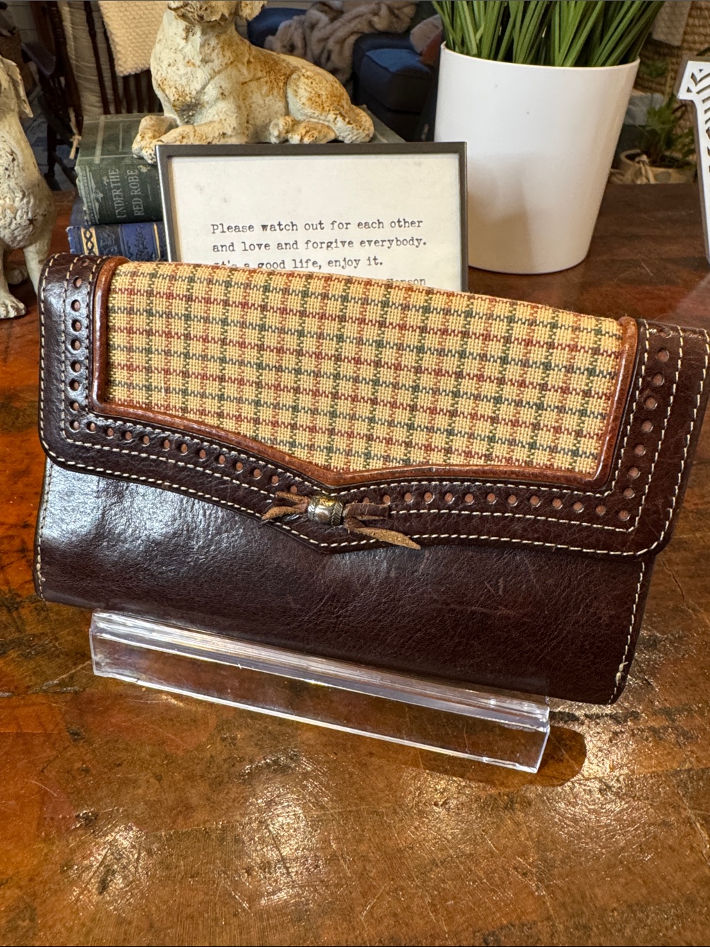 Brighton Brown Leather And Plaid Fold-Over Wallet